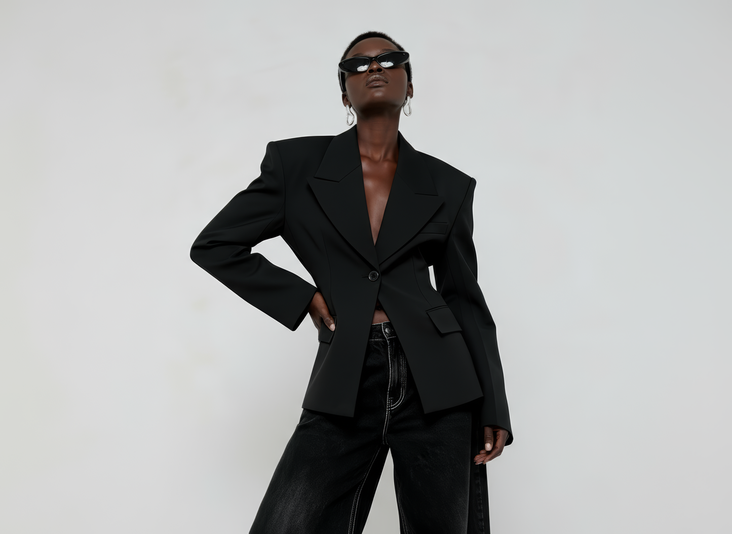 Black oversized blazer styled with denim