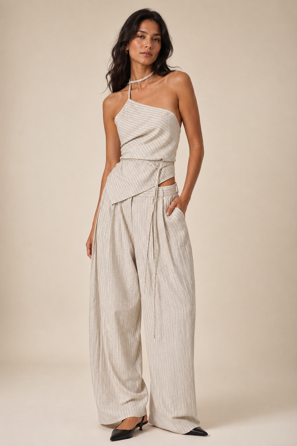 BEIGE STRIPED LINEN TROUSERS