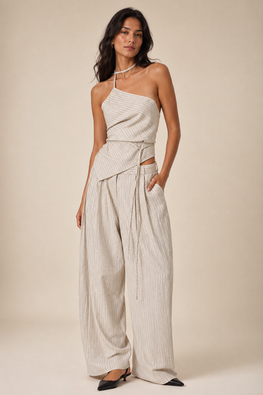 BEIGE STRIPED LINEN TROUSERS
