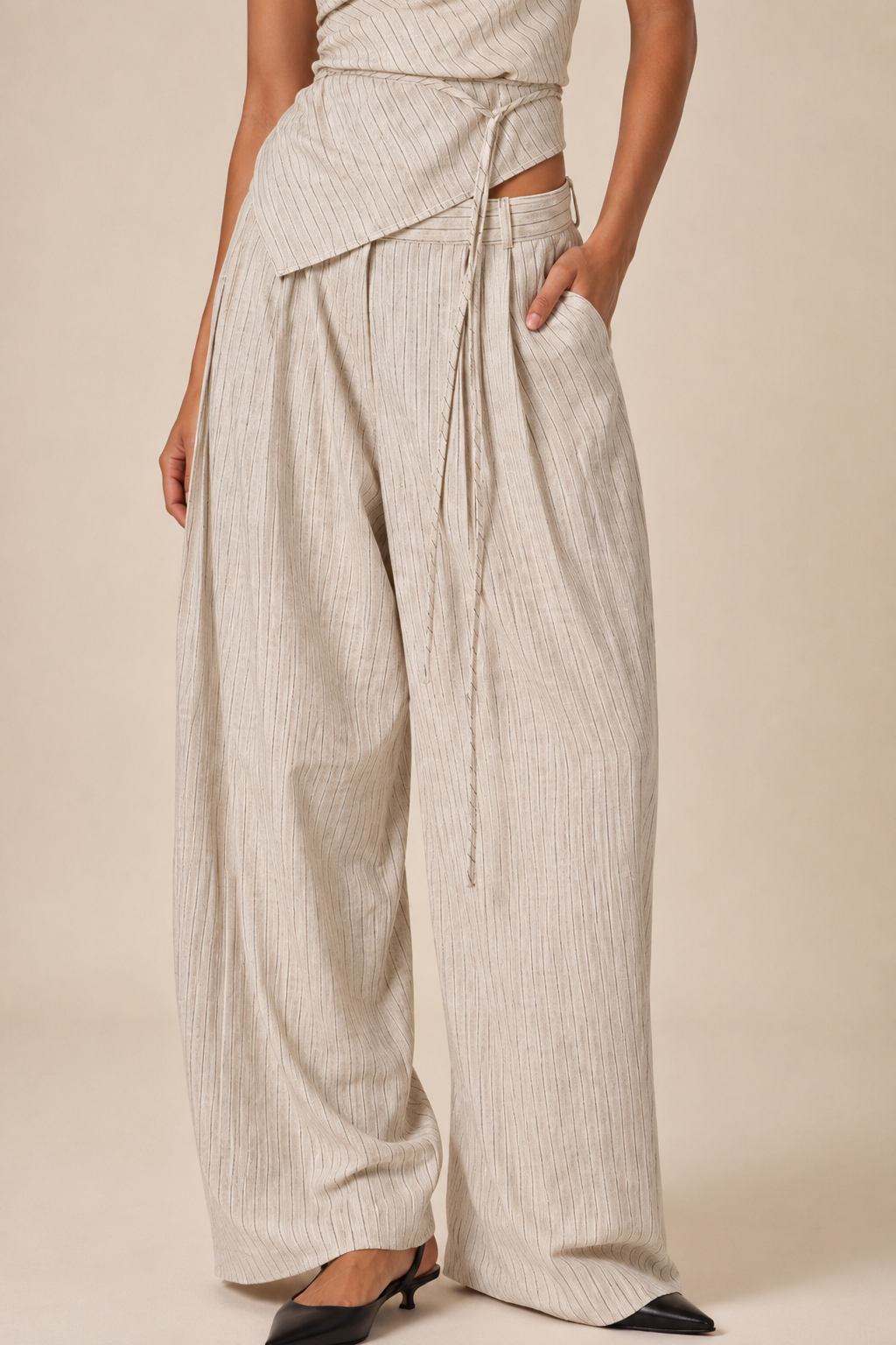 BEIGE STRIPED LINEN TROUSERS