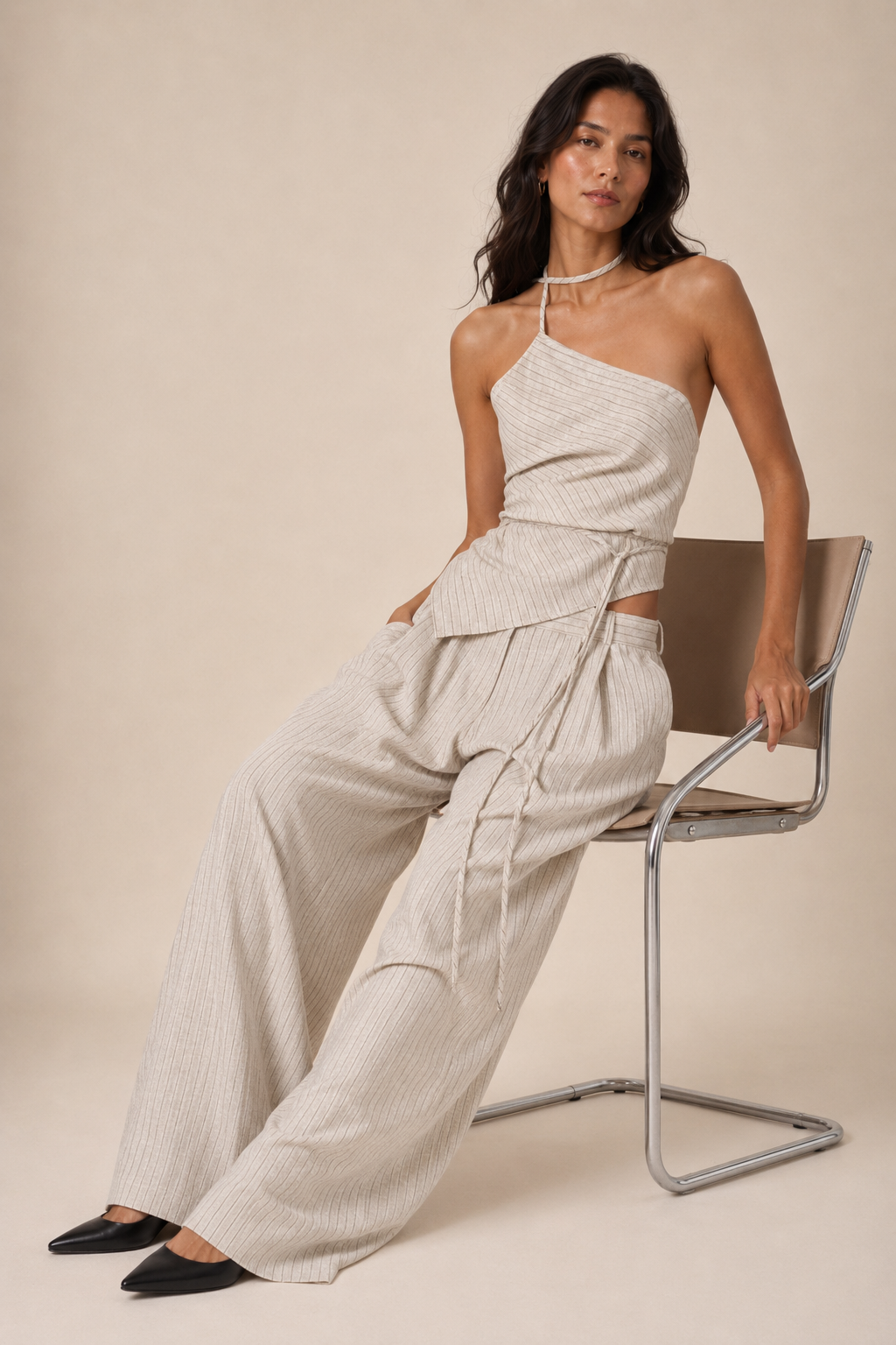 BEIGE STRIPED LINEN TROUSERS