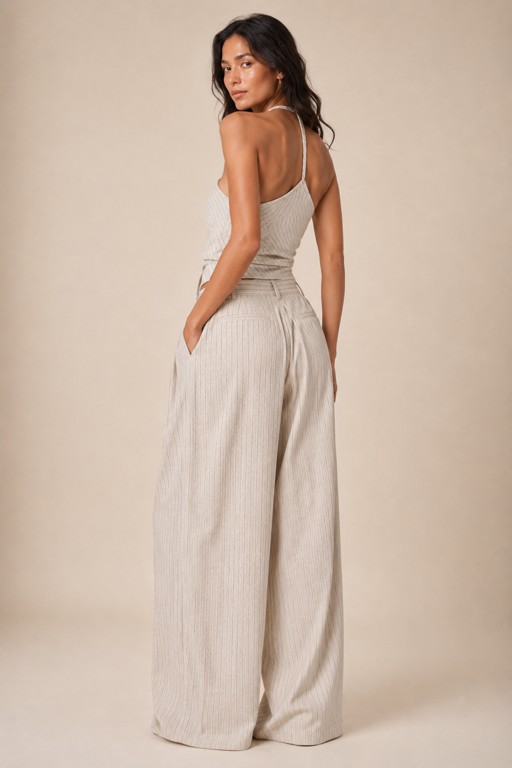 BEIGE STRIPED LINEN TROUSERS