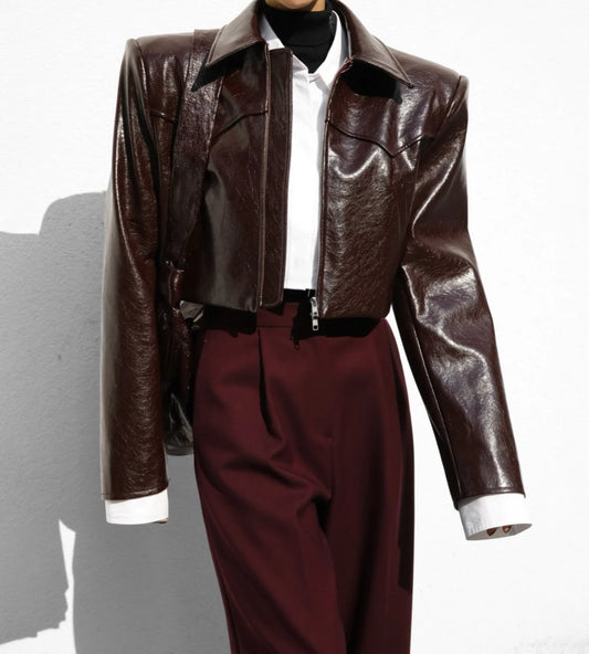 BURGUNDY CROPPED VEGAN LEATHER COAT