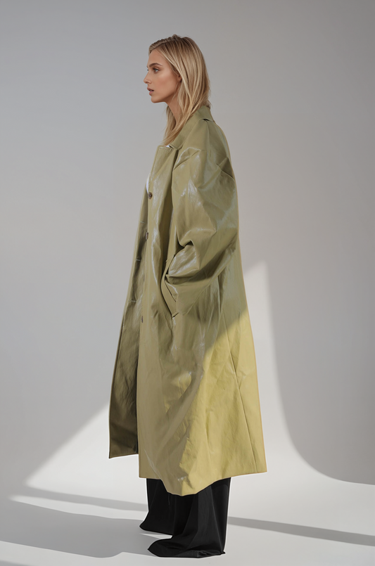 KHAKI VEGAN LEATHER COAT