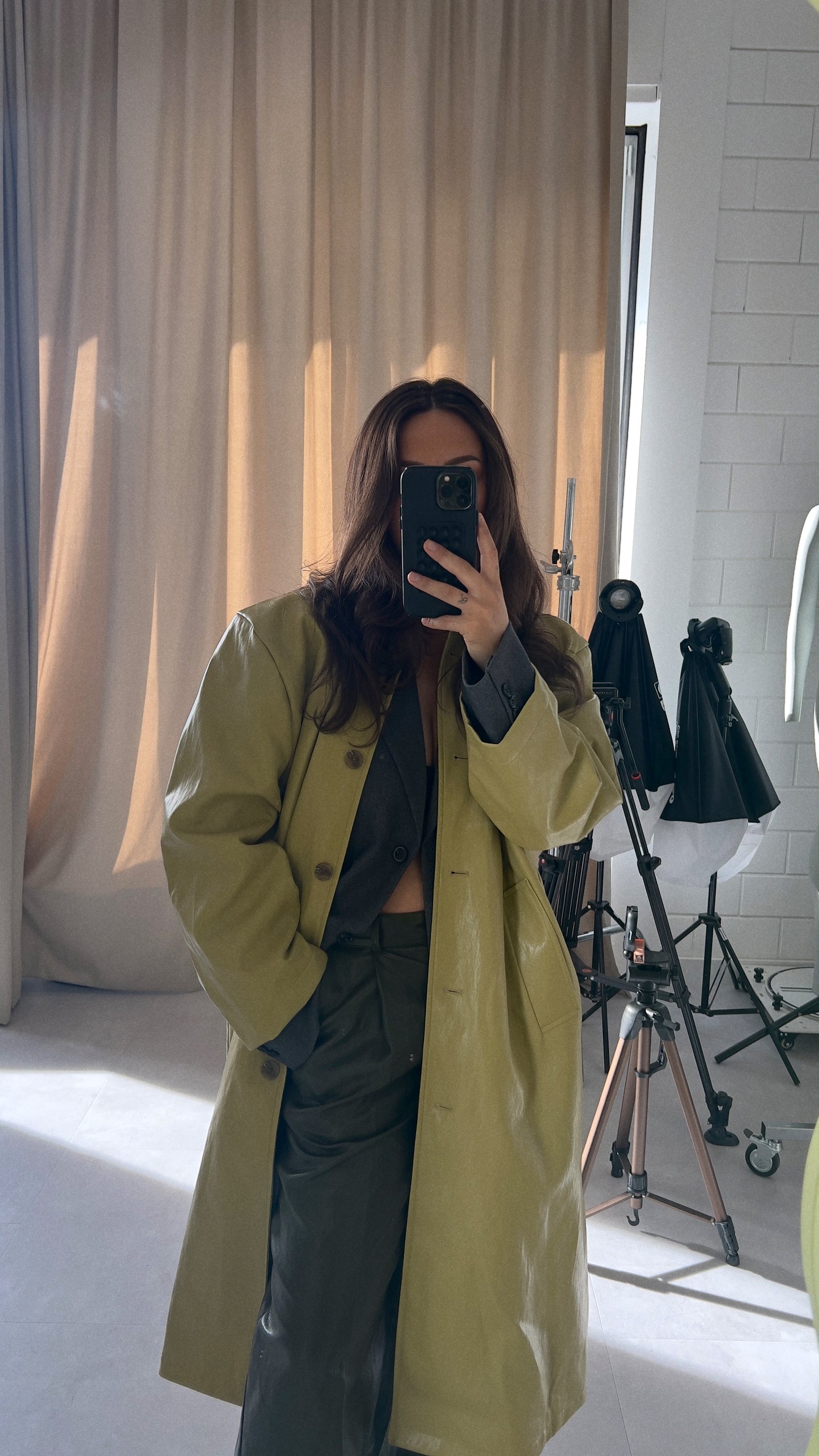 KHAKI VEGAN LEATHER COAT