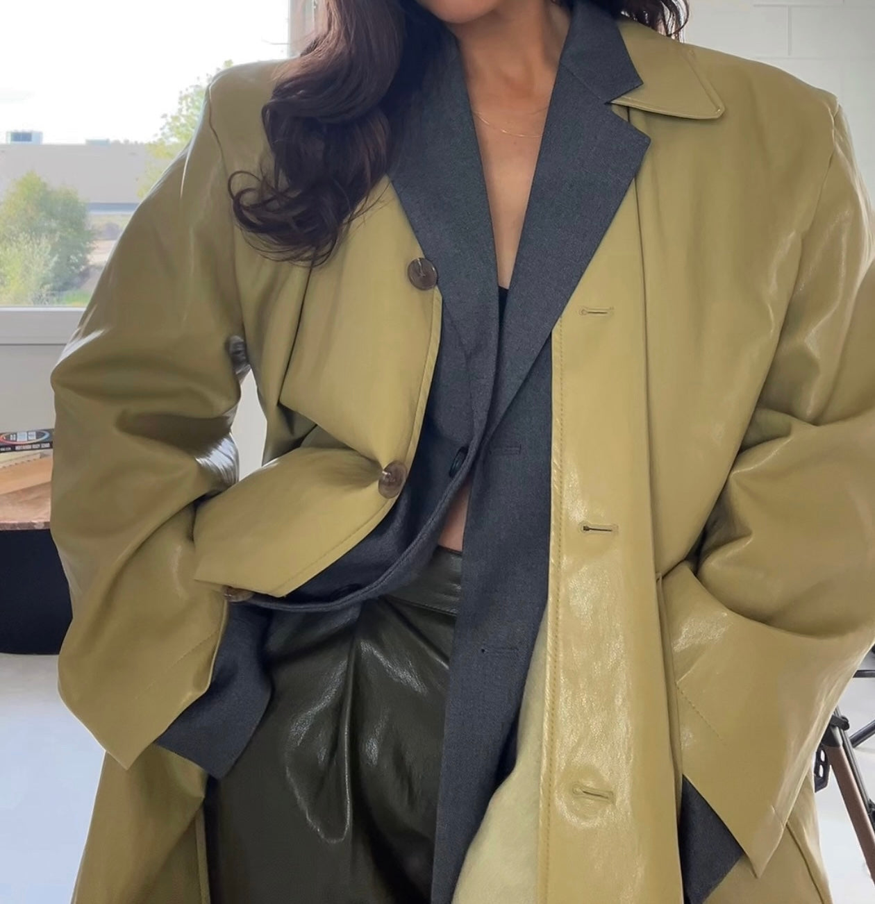 KHAKI VEGAN LEATHER COAT