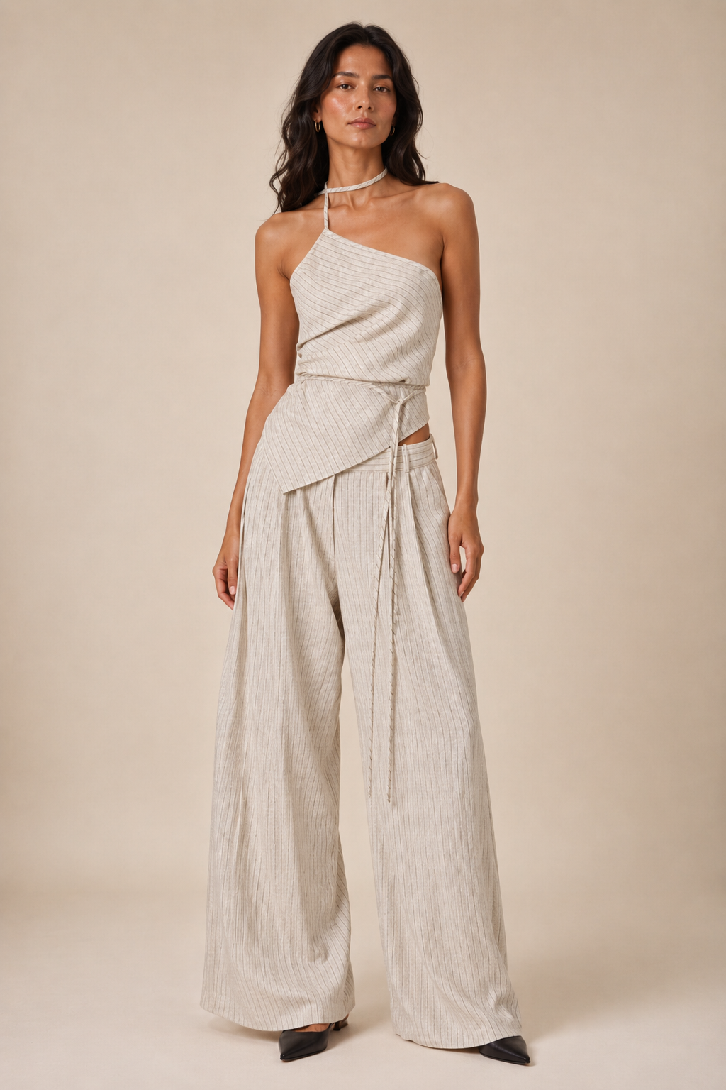 BEIGE STRIPED LINEN TROUSERS