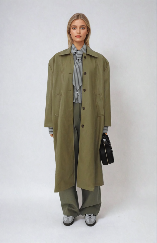 KHAKI VEGAN LEATHER COAT