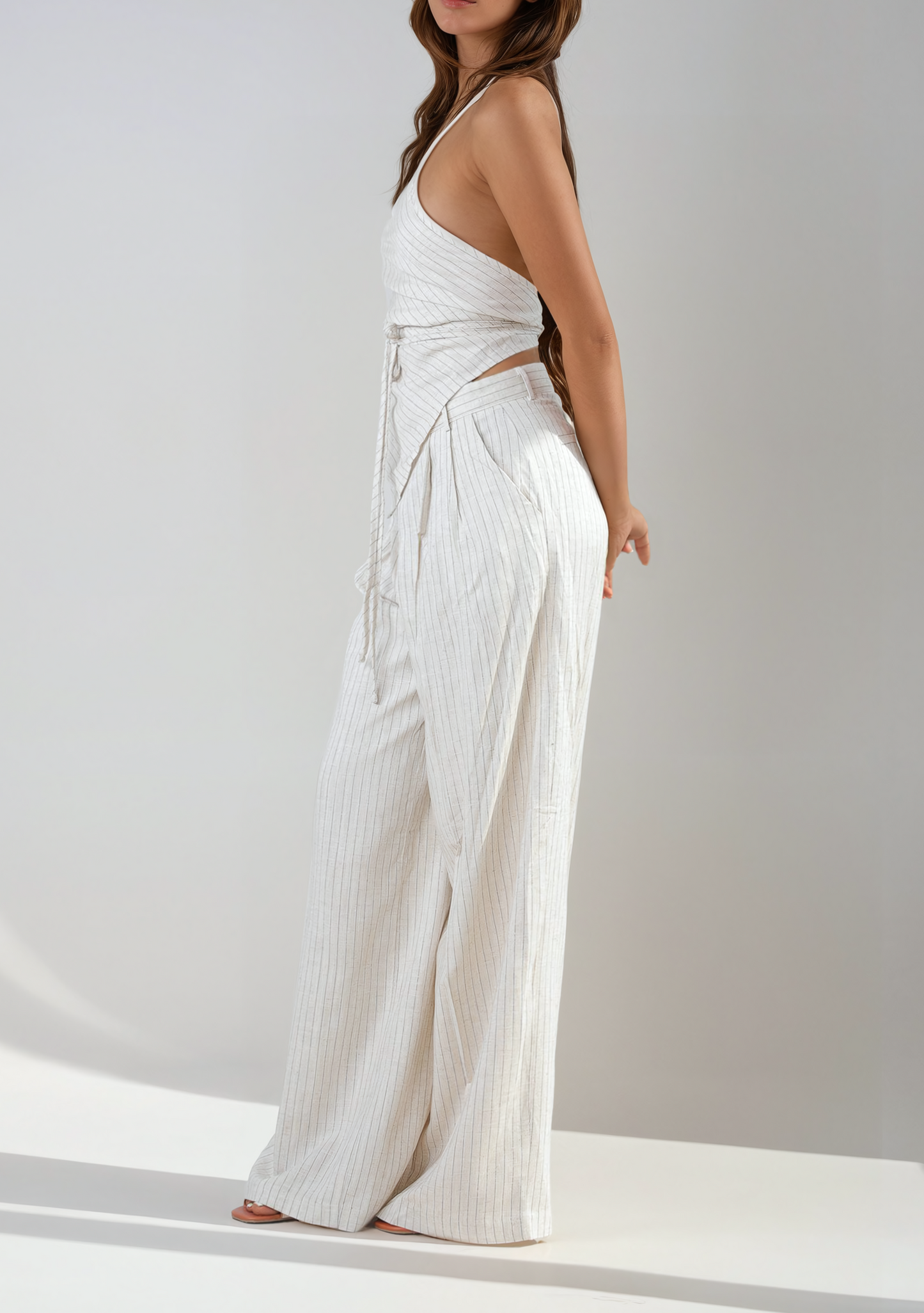 BEIGE STRIPED LINEN TROUSERS